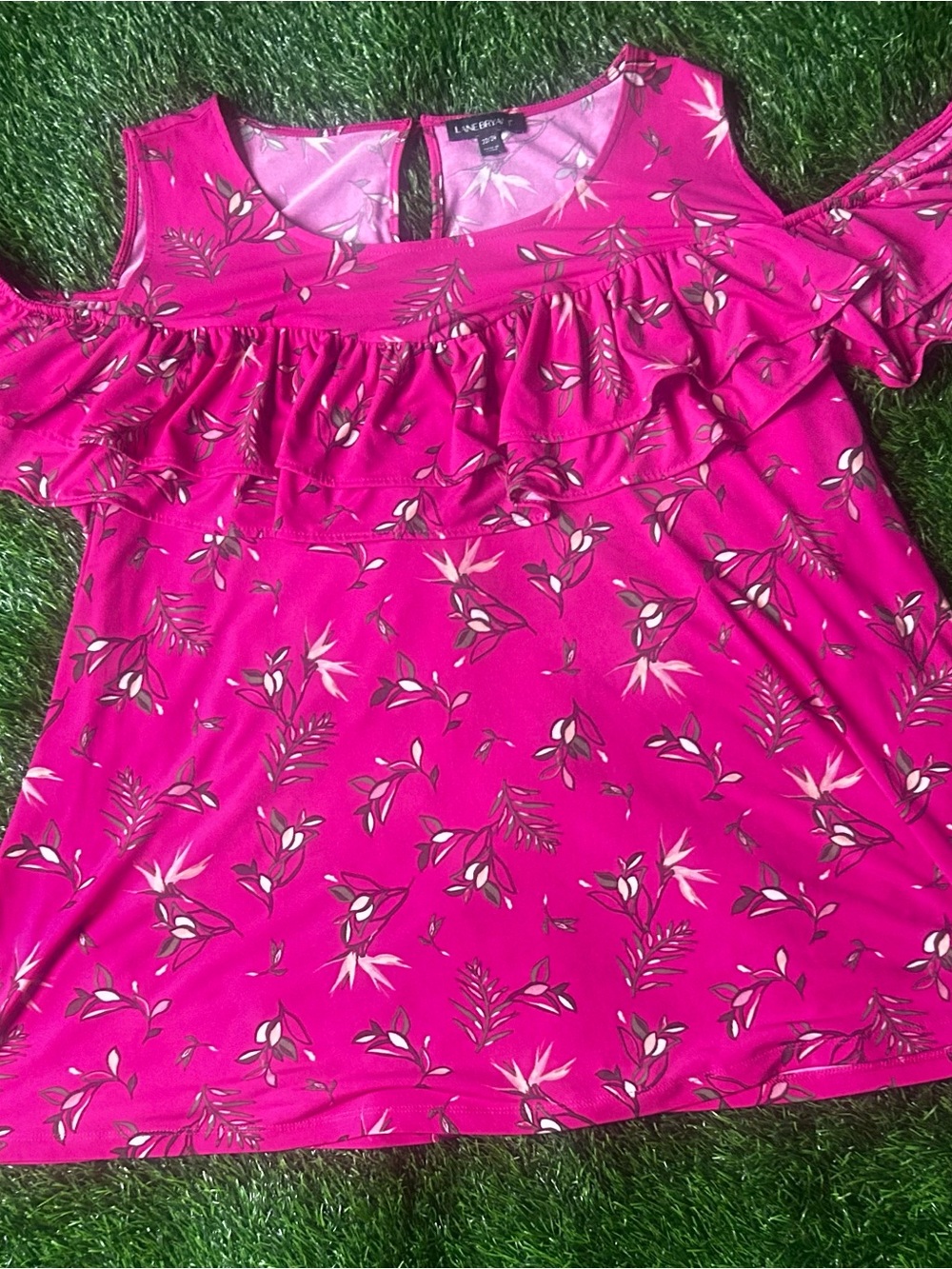 Lane Bryant Bright Fuchsia Floral Cold-Shoulder Ruffle Tunic